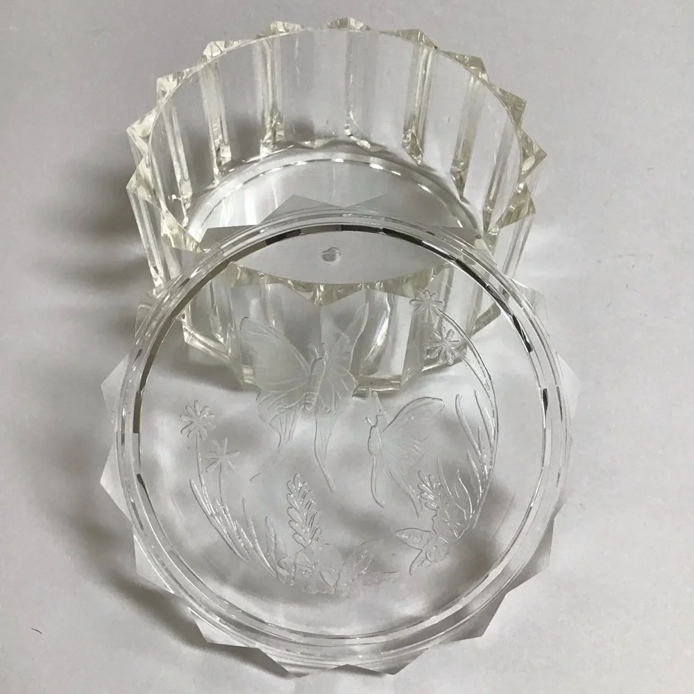 Lucite Acrylic Jewelry Box w/Lid Etched Butterfly Floral 70’s Boho Diamond Edge